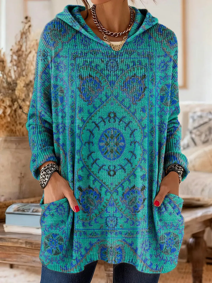 Ellen | Retro Ethnic Print Hooded Knit Tunic with Pockets