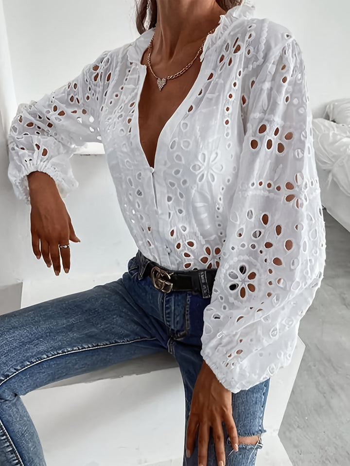 Roselina – Embroidered Long-Sleeve Blouse with Cut-Out Pattern