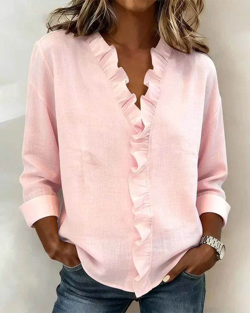 Amora | Blouse with Ruffles, V-Neck and Long Sleeves