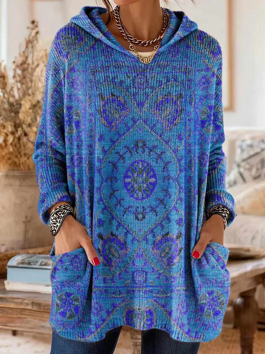 Ellen | Retro Ethnic Print Hooded Knit Tunic with Pockets