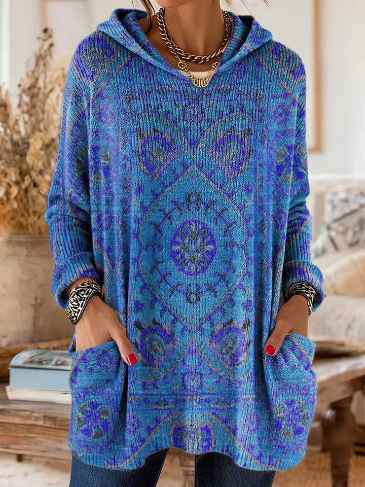 Ellen | Retro Ethnic Print Hooded Knit Tunic with Pockets