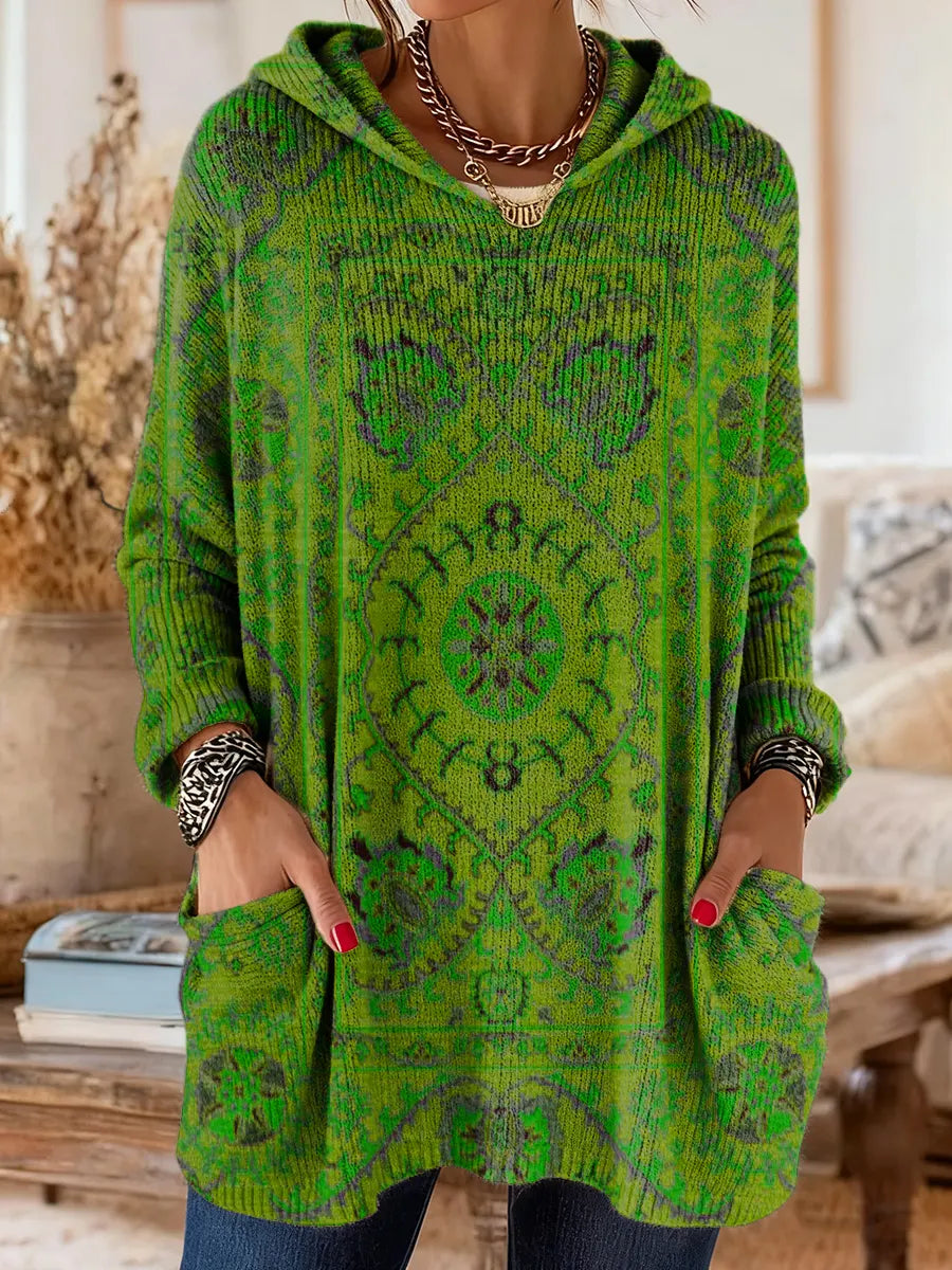 Ellen | Retro Ethnic Print Hooded Knit Tunic with Pockets