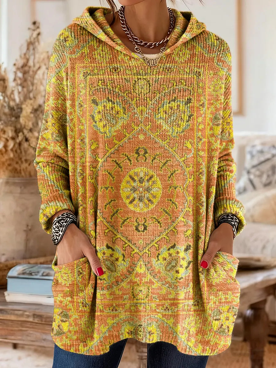 Ellen | Retro Ethnic Print Hooded Knit Tunic with Pockets