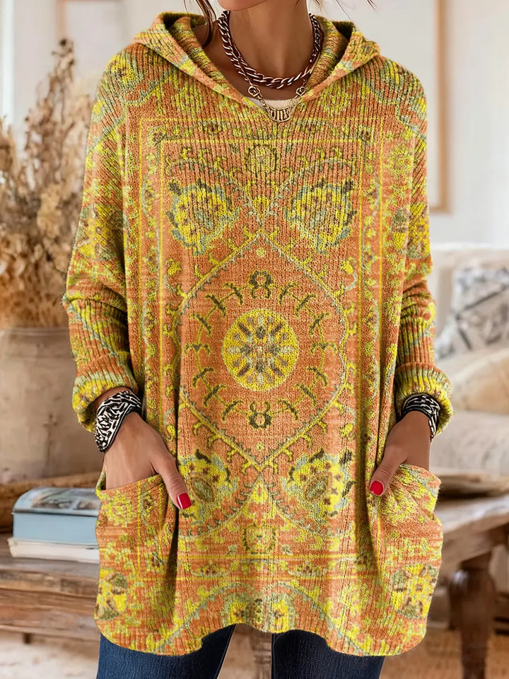 Ellen | Retro Ethnic Print Hooded Knit Tunic with Pockets