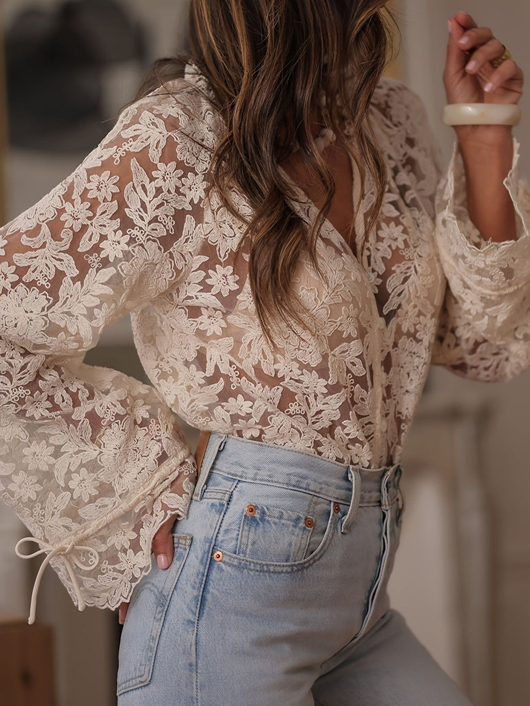 Celia – Transparent Crochet Lace Blouse with Floral Pattern