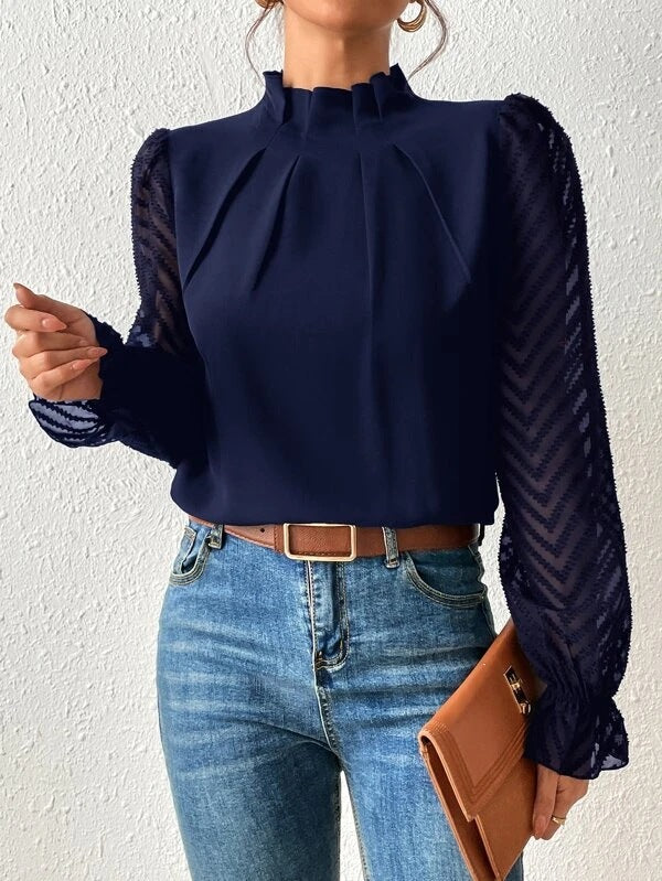 Tegan – Pleated Blouse with Sheer Sleeves