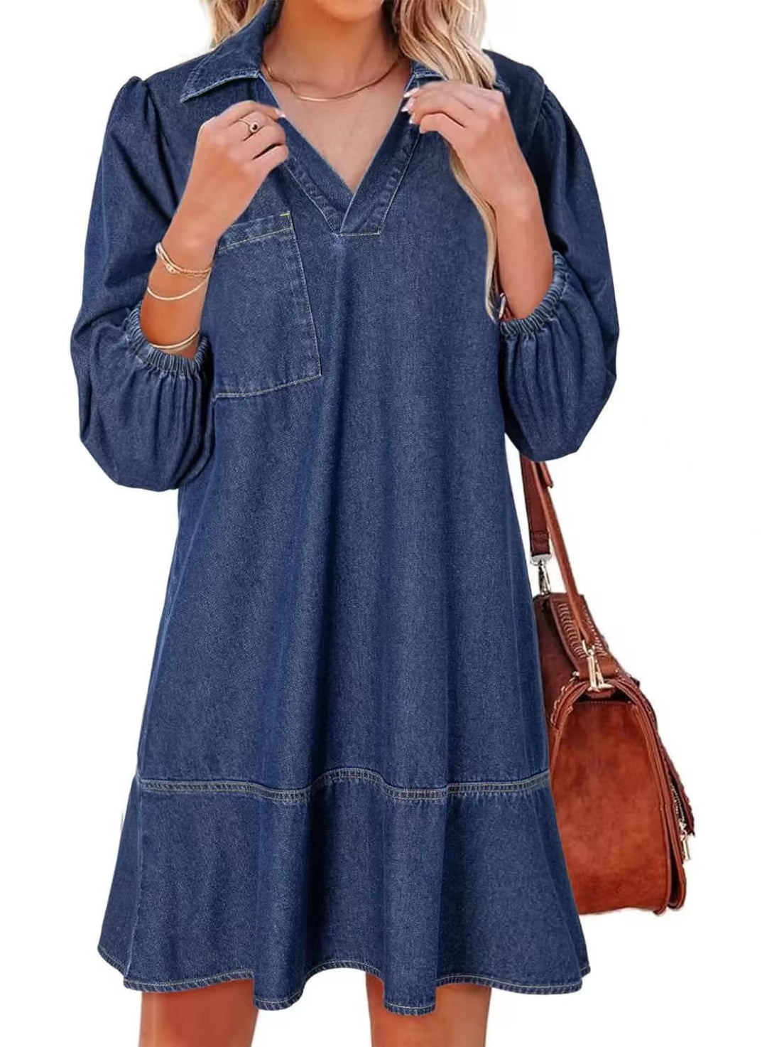 AMAIA™ – V Neck Puff Sleeve Babydoll Dress