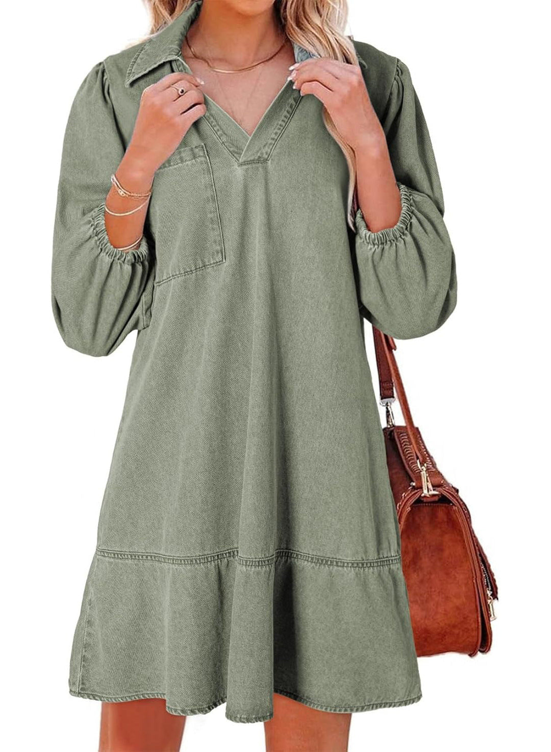 AMAIA™ – V Neck Puff Sleeve Babydoll Dress