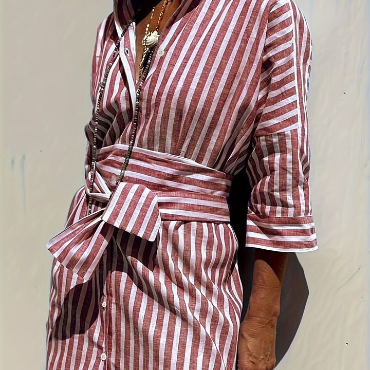 Christine | Striped Print & Button Closure with Belt