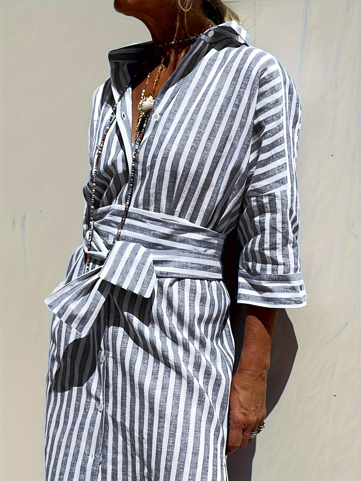 Christine | Striped Print & Button Closure with Belt