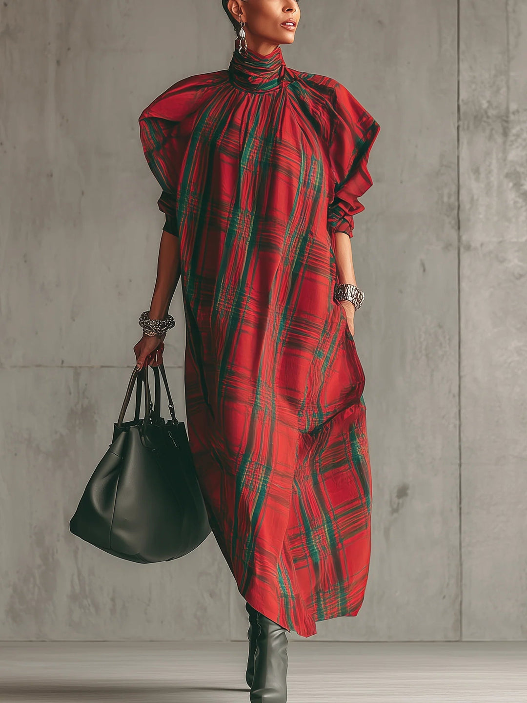 Yara | Red Plaid Loose Fitting Short-Sleeved Long Dress