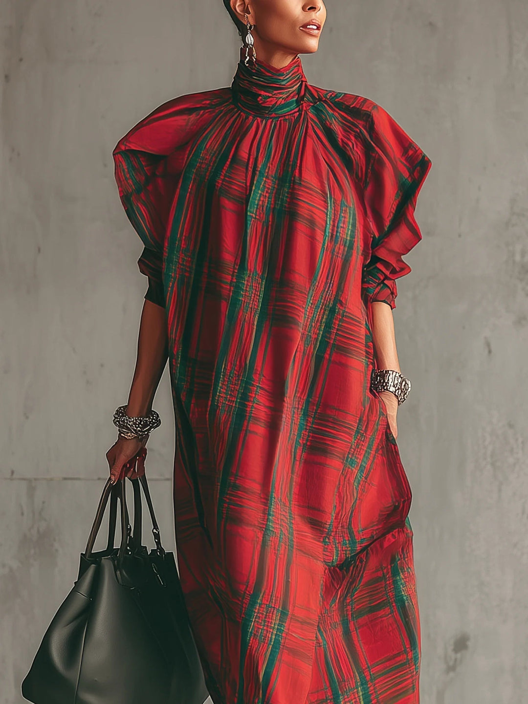 Yara | Red Plaid Loose Fitting Short-Sleeved Long Dress