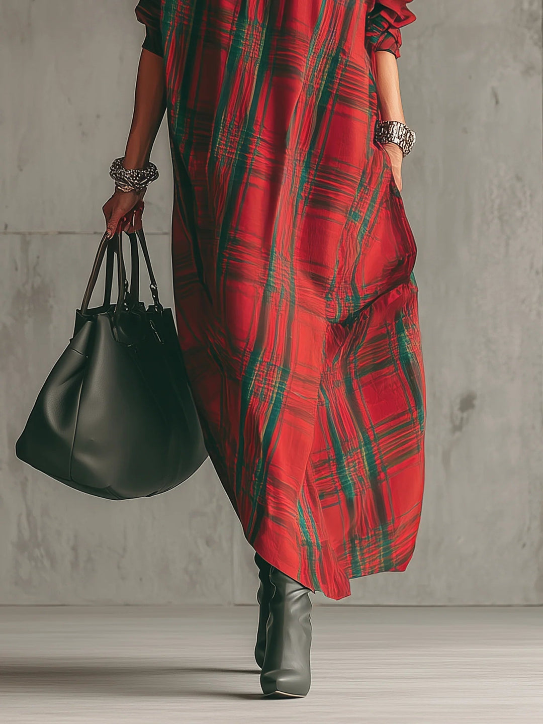 Yara | Red Plaid Loose Fitting Short-Sleeved Long Dress