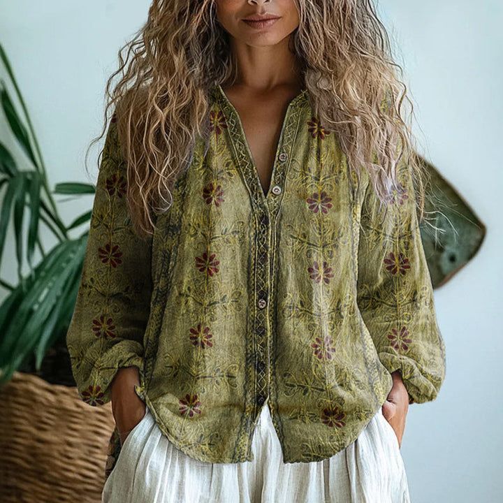 Brianna | Elegant Vintage Leaf Print Shirt