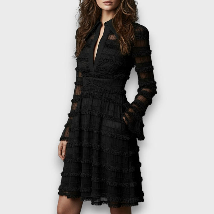 Parisa | Black Midi Dress with Sheer Fringe
