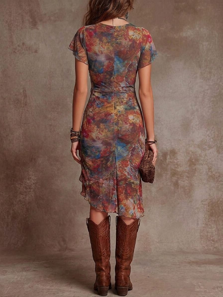 Bohemian Abstract Print V-Neck Pleated Midi Dress