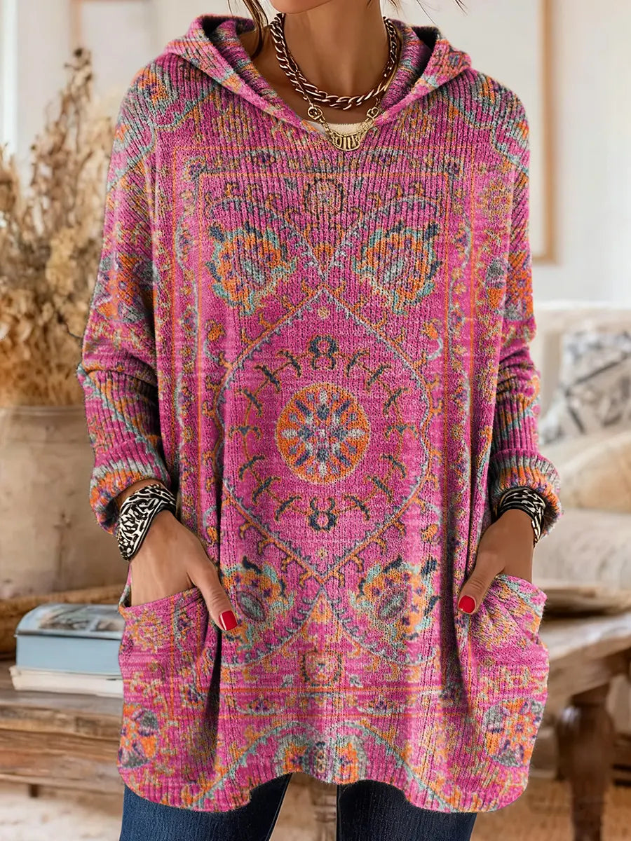 Ellen | Retro Ethnic Print Hooded Knit Tunic with Pockets