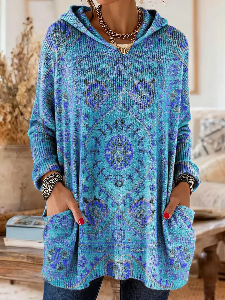 Ellen | Retro Ethnic Print Hooded Knit Tunic with Pockets