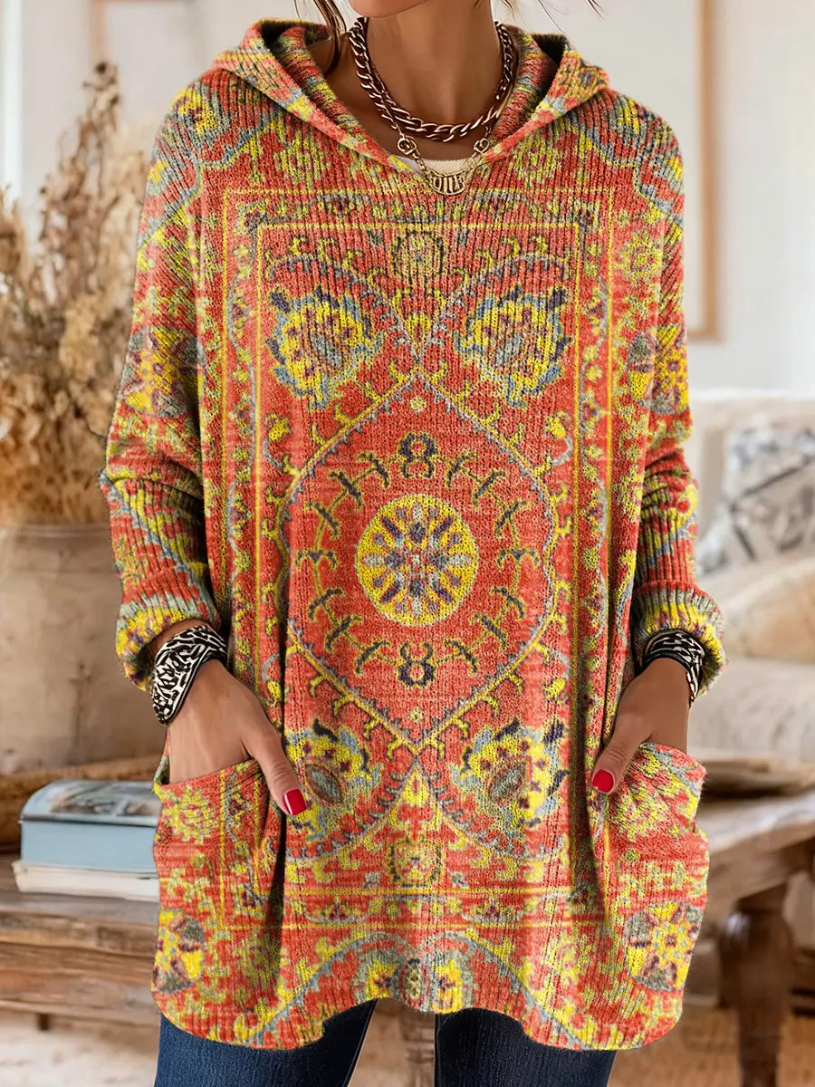 Ellen | Retro Ethnic Print Hooded Knit Tunic with Pockets