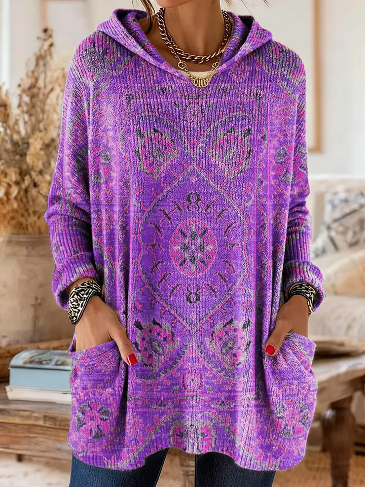 Ellen | Retro Ethnic Print Hooded Knit Tunic with Pockets