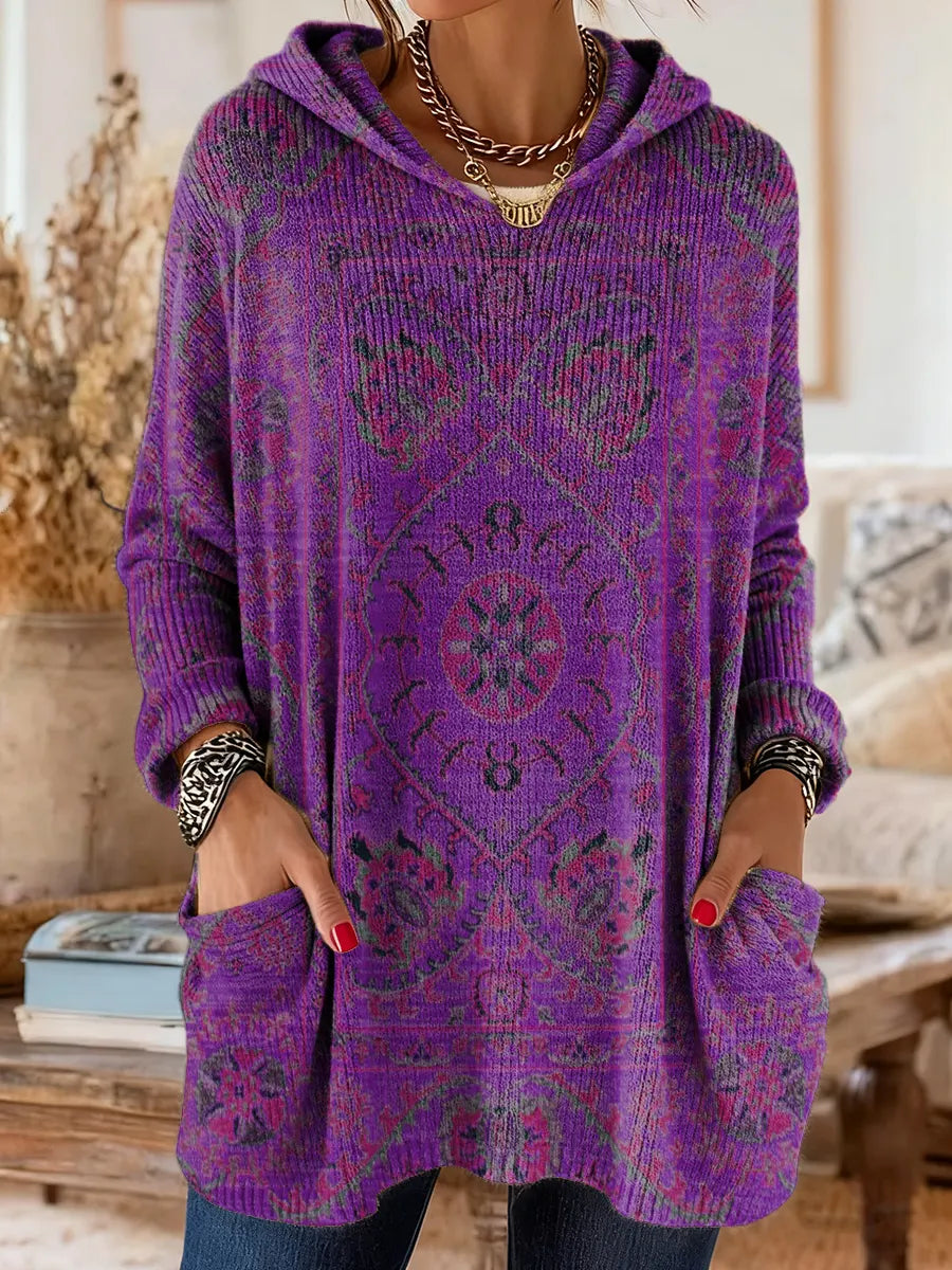 Ellen | Retro Ethnic Print Hooded Knit Tunic with Pockets