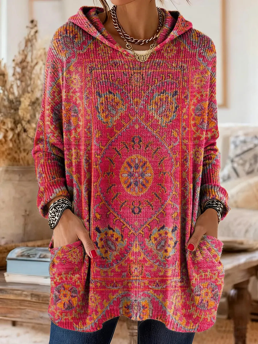Ellen | Retro Ethnic Print Hooded Knit Tunic with Pockets