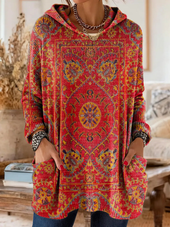 Ellen | Retro Ethnic Print Hooded Knit Tunic with Pockets