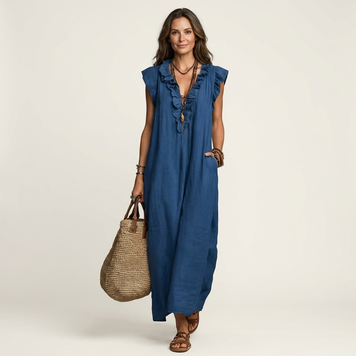 Josette | Ruffled V-Neck Linen Maxi Dress