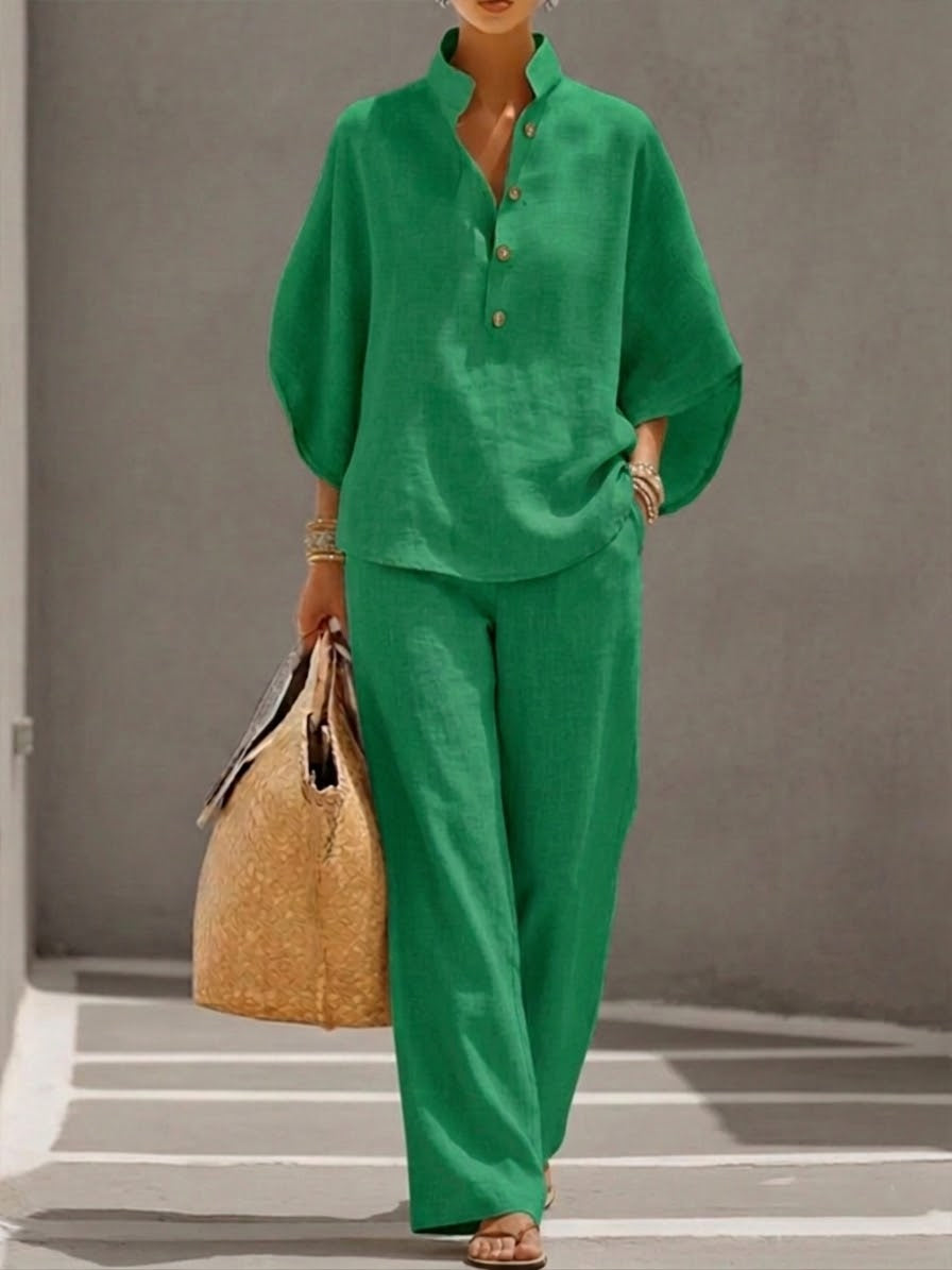 Mariel | Cotton Linen Batwing Sleeve Wide Leg Set