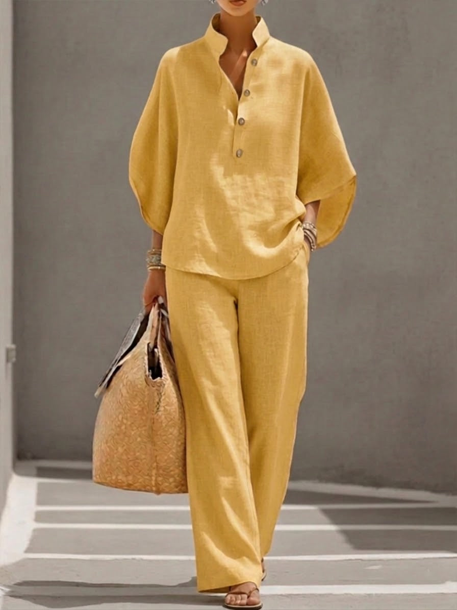 Mariel | Cotton Linen Batwing Sleeve Wide Leg Set